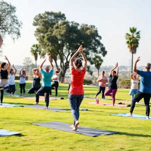 Group of people practicing yoga in a San Diego park