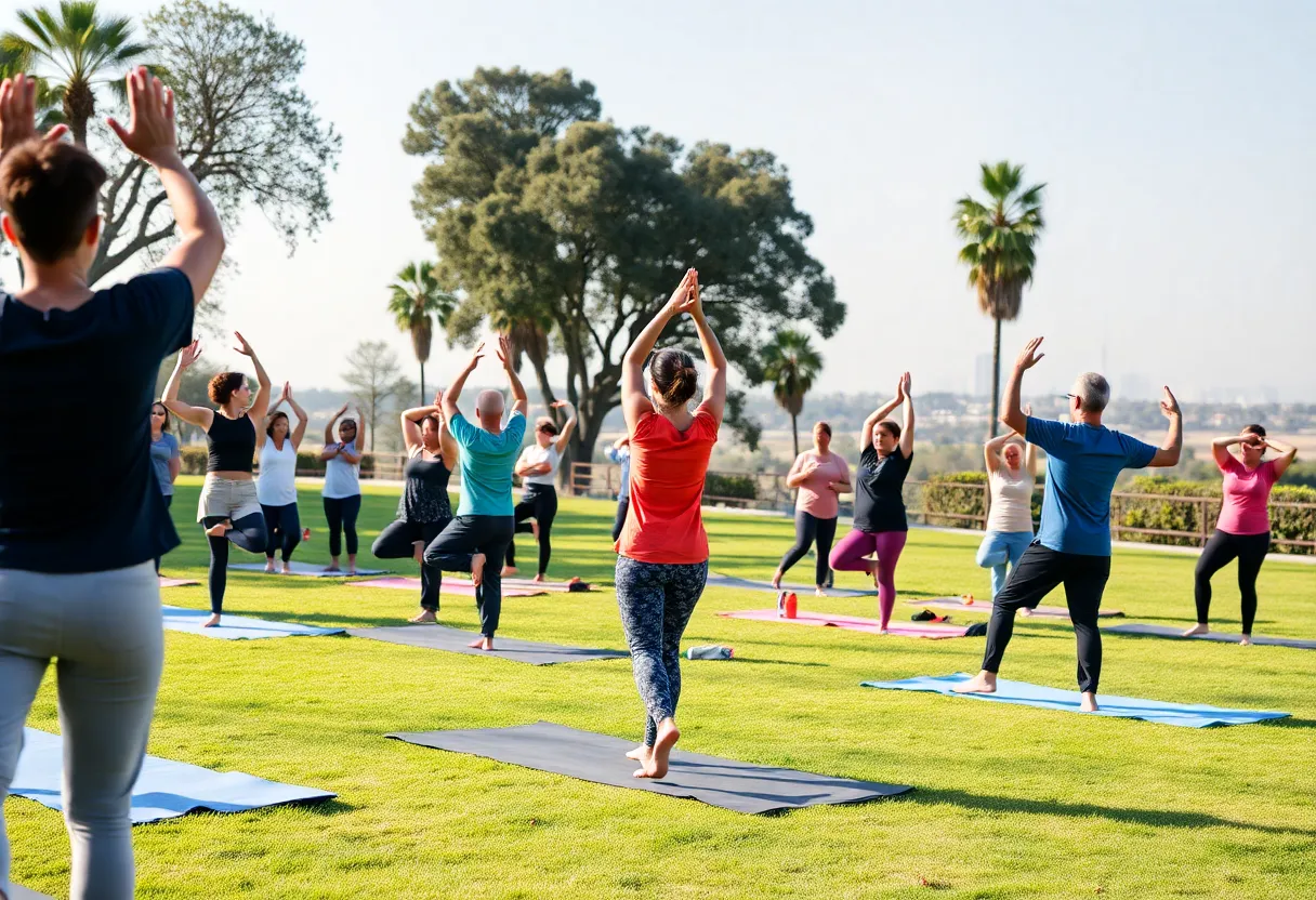 Group of people practicing yoga in a San Diego park
