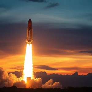 Spacecraft launching into the sky during sunset