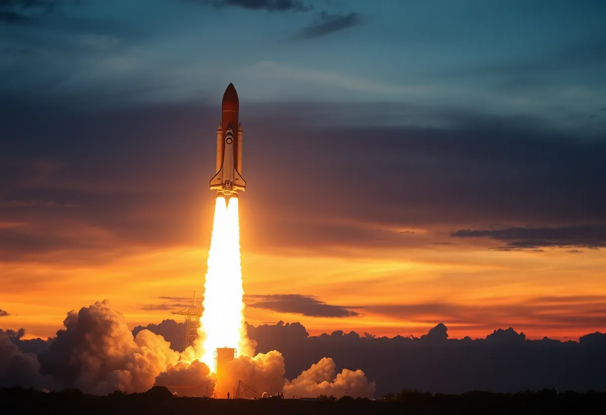 Spacecraft launching into the sky during sunset