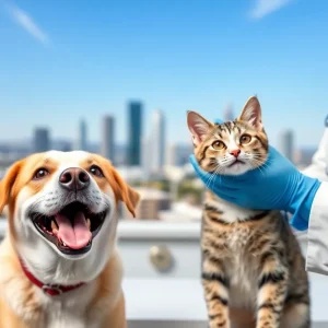 Dog and cat being microchipped in a veterinary clinic in San Diego