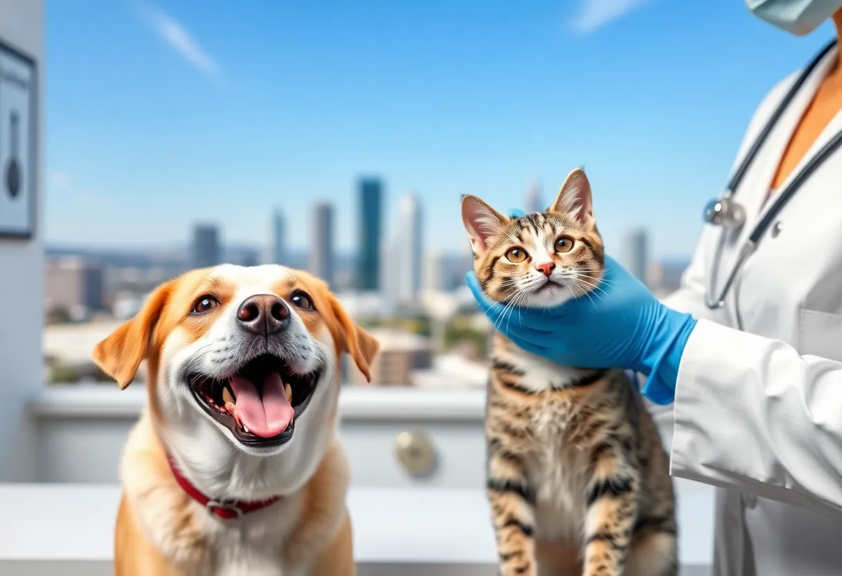 Dog and cat being microchipped in a veterinary clinic in San Diego