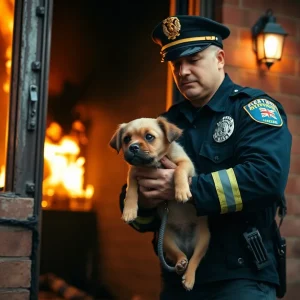 Police officer saving a dog from a burning apartment