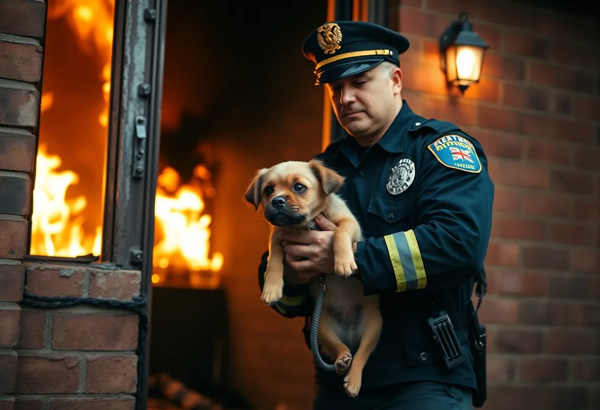 Police officer saving a dog from a burning apartment