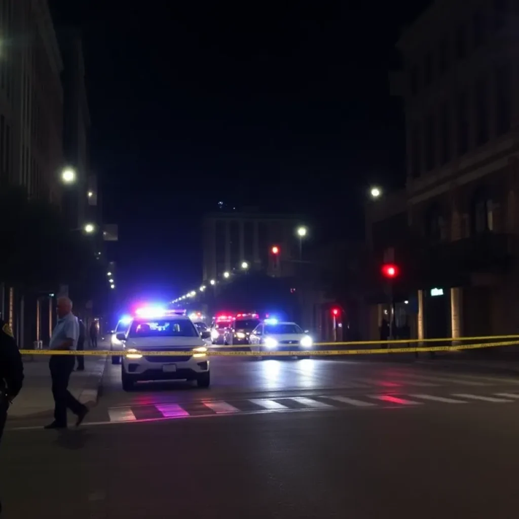 Police lights flashing in a downtown San Diego street at night