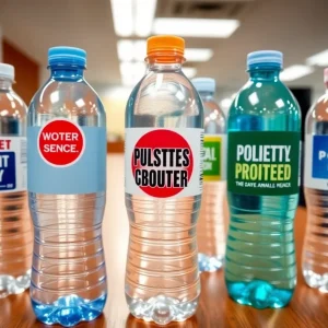 Water bottles with political stickers in an office setting