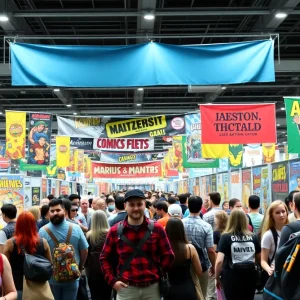 A lively comic convention scene with fans and booths