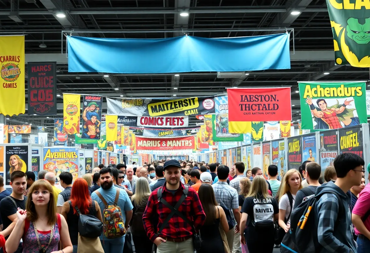 A lively comic convention scene with fans and booths