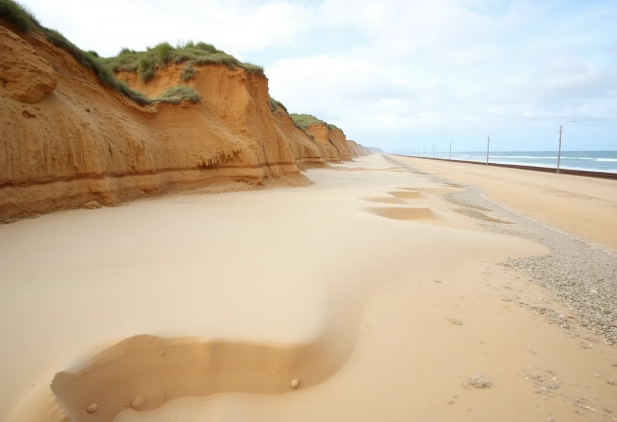 Erosion along the beach with train tracks in the background in San Clemente.