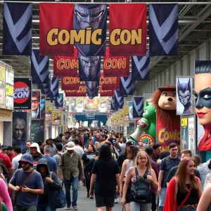 Vibrant atmosphere at San Diego Comic-Con with fans in costumes