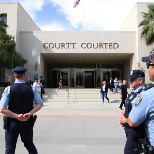San Diego courthouse entrance with people and law enforcement presence.
