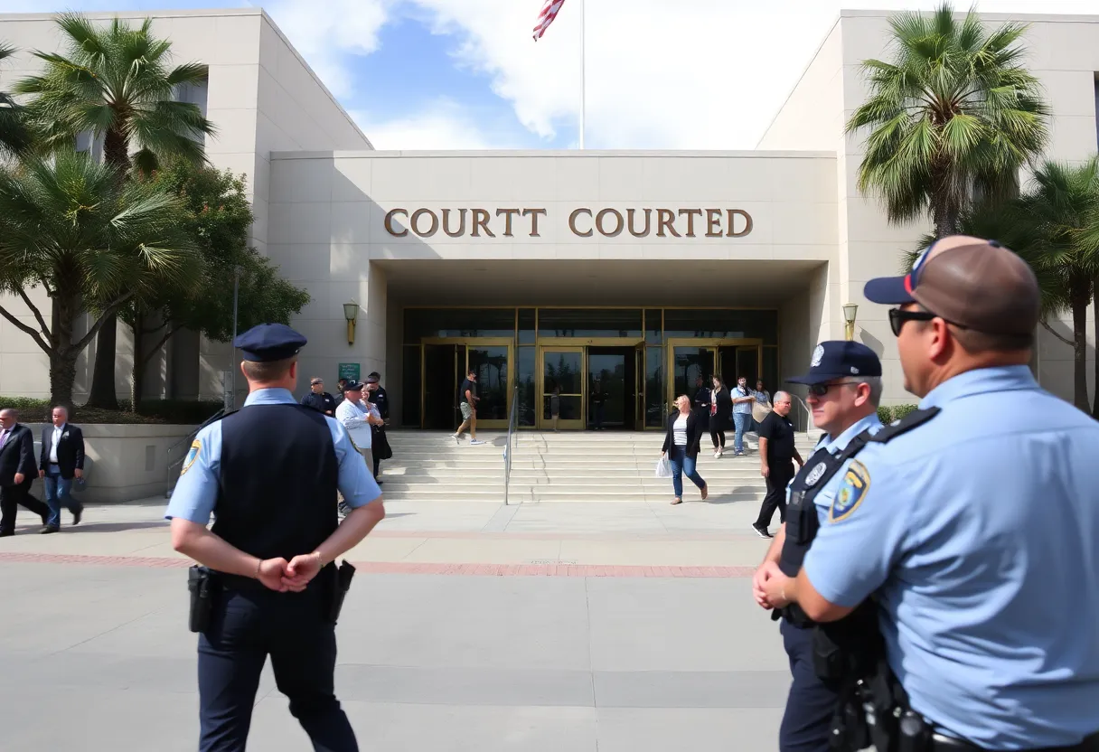 San Diego courthouse entrance with people and law enforcement presence.