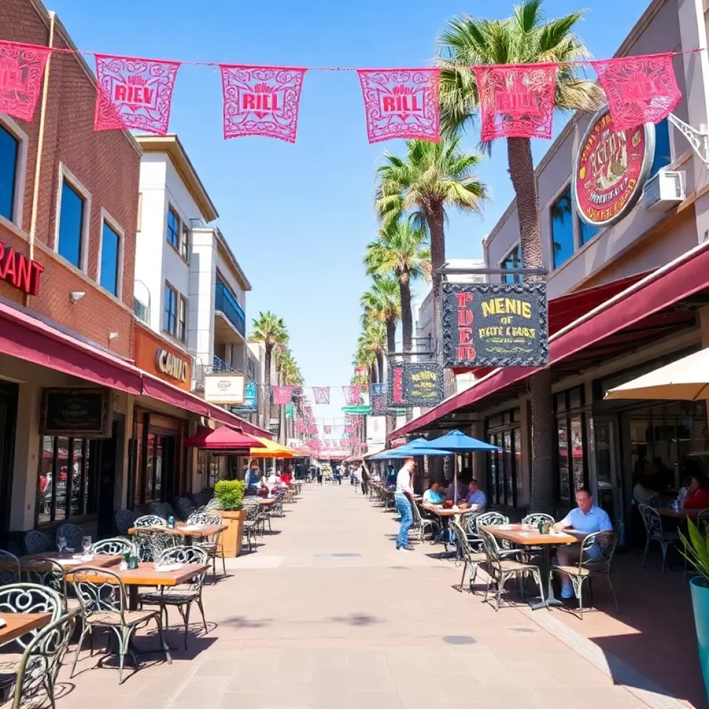 Outdoor dining in San Diego with diverse restaurant facades