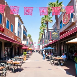 Outdoor dining in San Diego with diverse restaurant facades