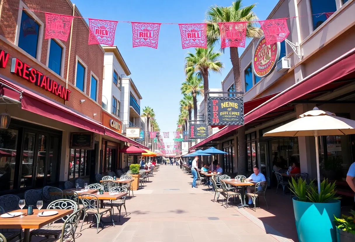 Outdoor dining in San Diego with diverse restaurant facades