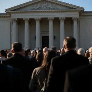 Federal courthouse building with an emphasis on the community's tense atmosphere