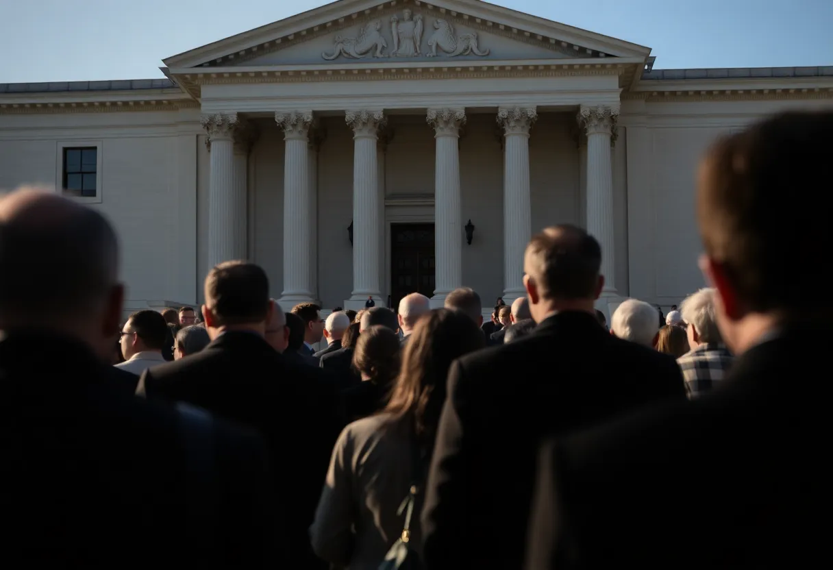 Federal courthouse building with an emphasis on the community's tense atmosphere