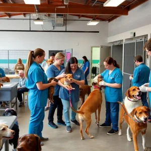 San Diego Humane Society animal shelter with volunteers and pets