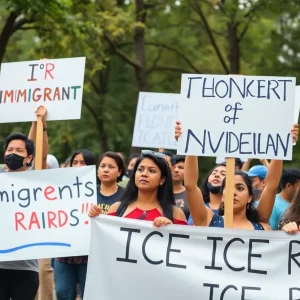Community rally in San Diego advocating for immigrant rights against ICE raids