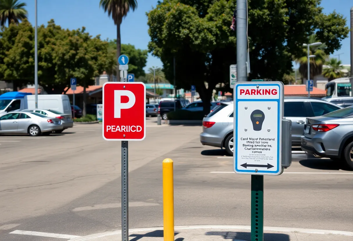 A busy parking lot in San Diego with parking meters and fee signs.
