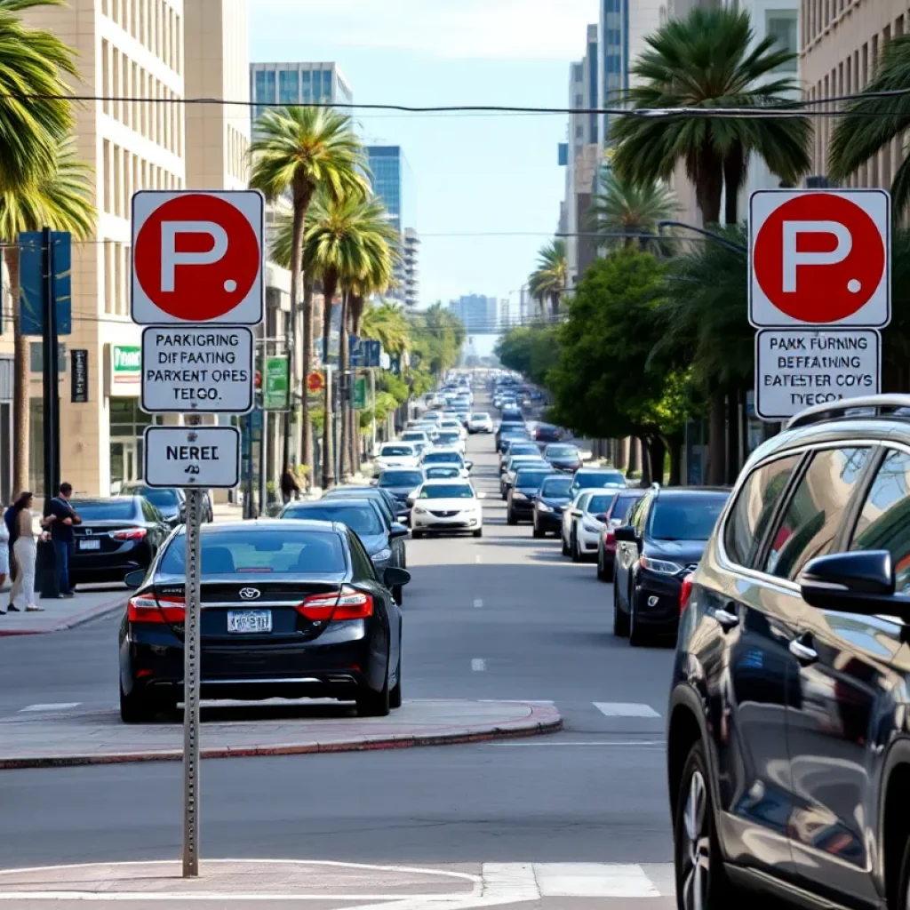 A busy San Diego street showing parking restrictions near an intersection
