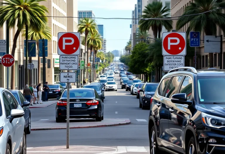 A busy San Diego street showing parking restrictions near an intersection