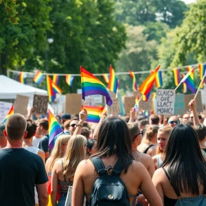 San Diego Pride Festival celebration with rainbow flags and diverse attendees.