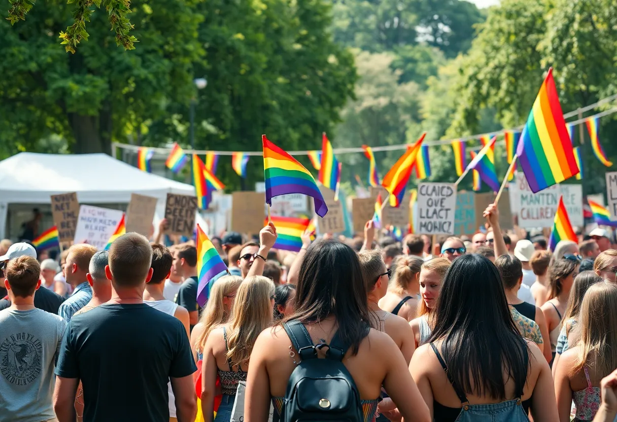 San Diego Pride Festival celebration with rainbow flags and diverse attendees.