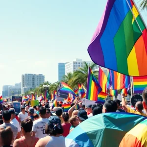 Crowd at San Diego Pride Festival with colorful flags