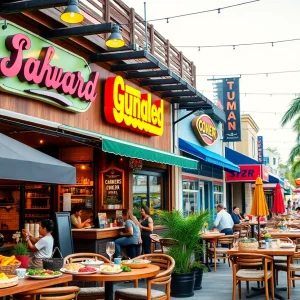 A collage of new restaurants and dishes in San Diego, including pizzas, vegan cuisine, and casual dining.