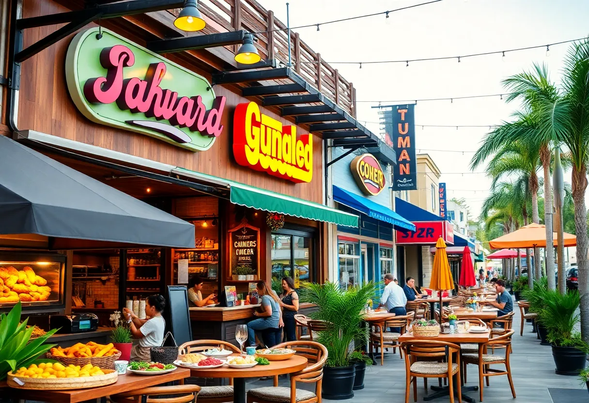 A collage of new restaurants and dishes in San Diego, including pizzas, vegan cuisine, and casual dining.