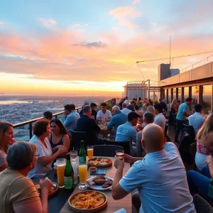 People enjoying happy hour at a rooftop bar in San Diego