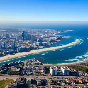 Aerial view of San Diego skyline with beaches