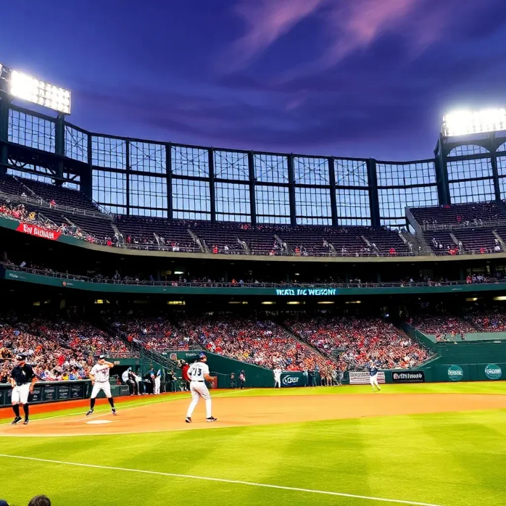 View of San Diego State baseball stadium with players in action