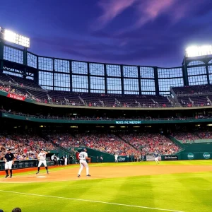 View of San Diego State baseball stadium with players in action