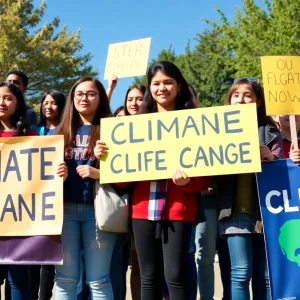 High school students standing together holding climate advocacy signs.