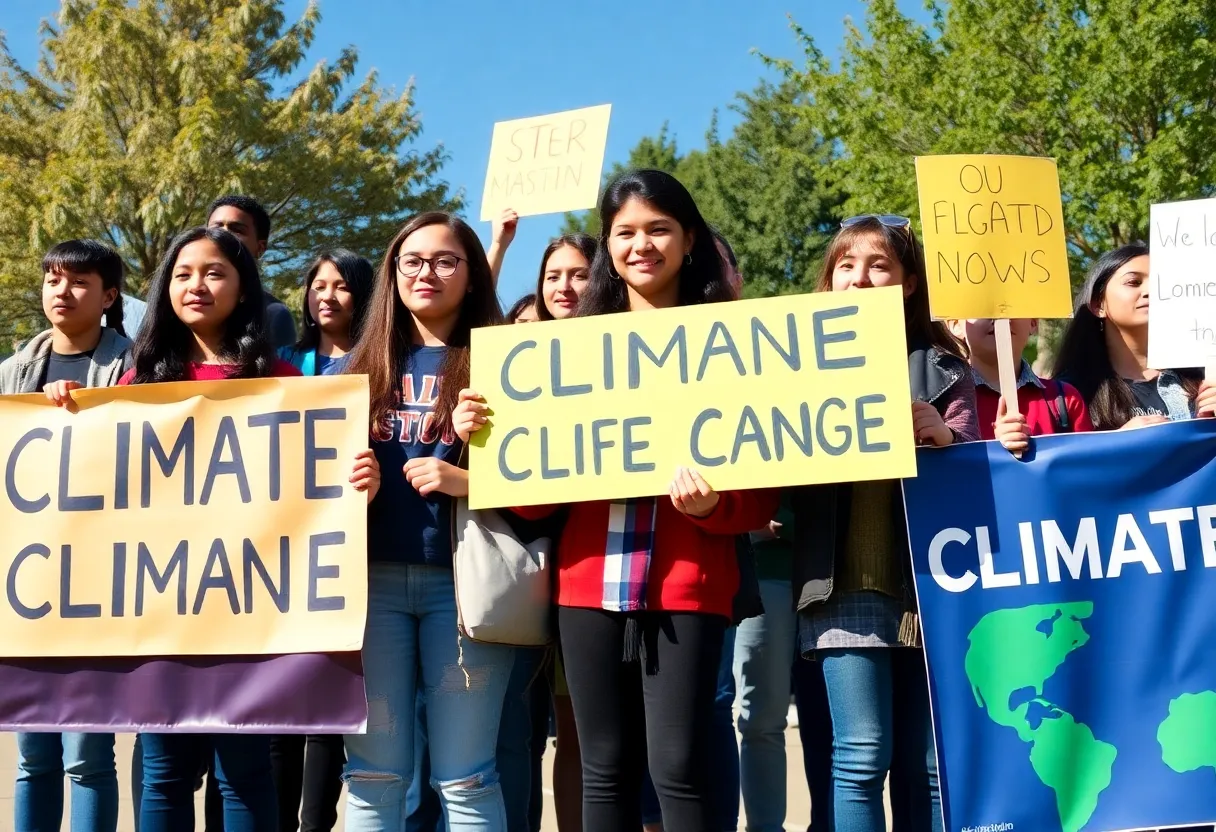 High school students standing together holding climate advocacy signs.