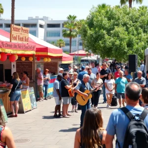 A colorful display of summer events in San Diego with food stalls and performances.