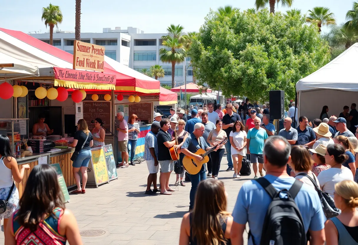 A colorful display of summer events in San Diego with food stalls and performances.
