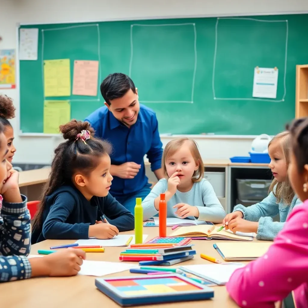 A diverse classroom with students engaged in learning activities with a teacher.