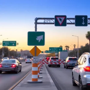 Traffic detour signs during road construction in San Diego