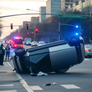 Flipped vehicle involved in an Uber accident in San Diego