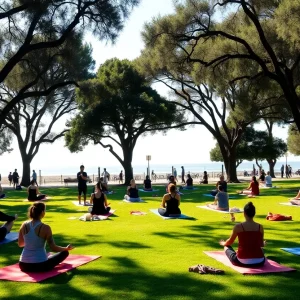 People practicing yoga in a San Diego park