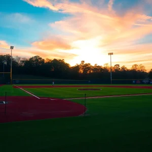 Sunset over the SDSU baseball field with empty benches and an aura of potential.