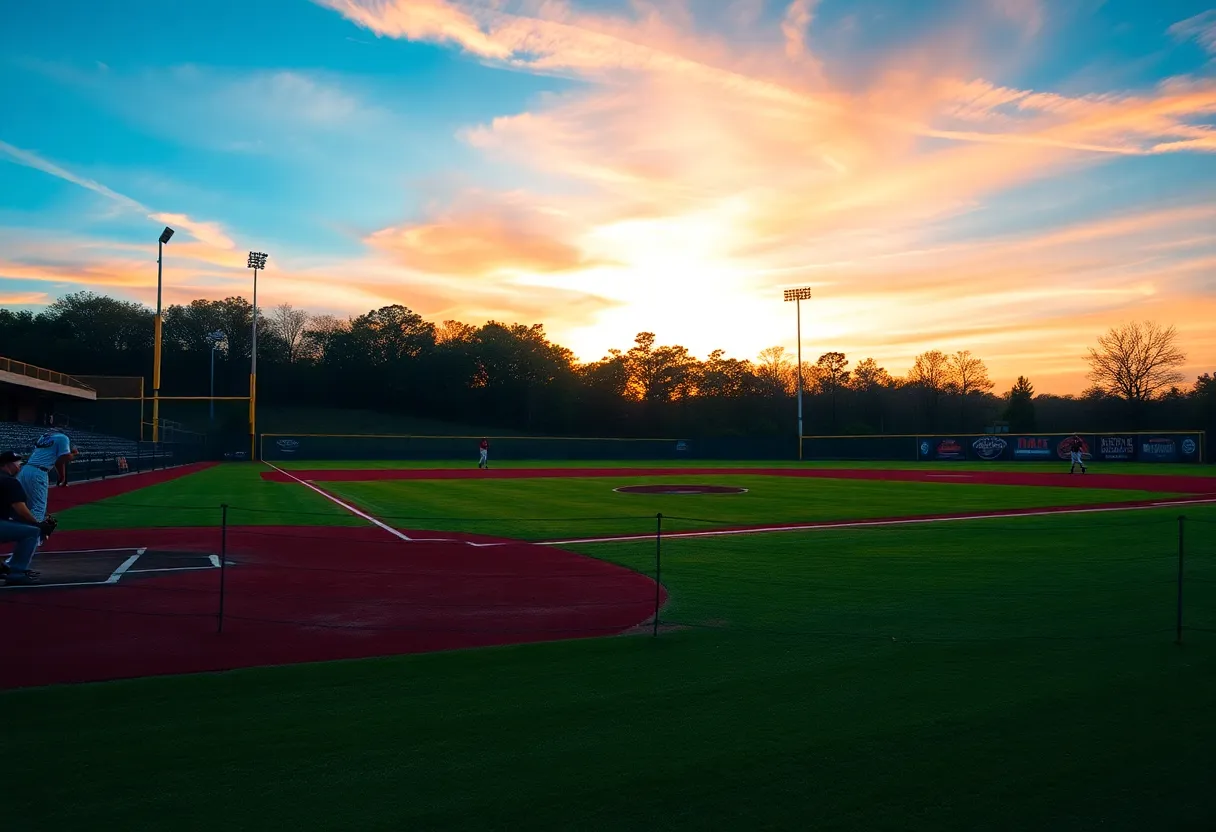 Sunset over the SDSU baseball field with empty benches and an aura of potential.