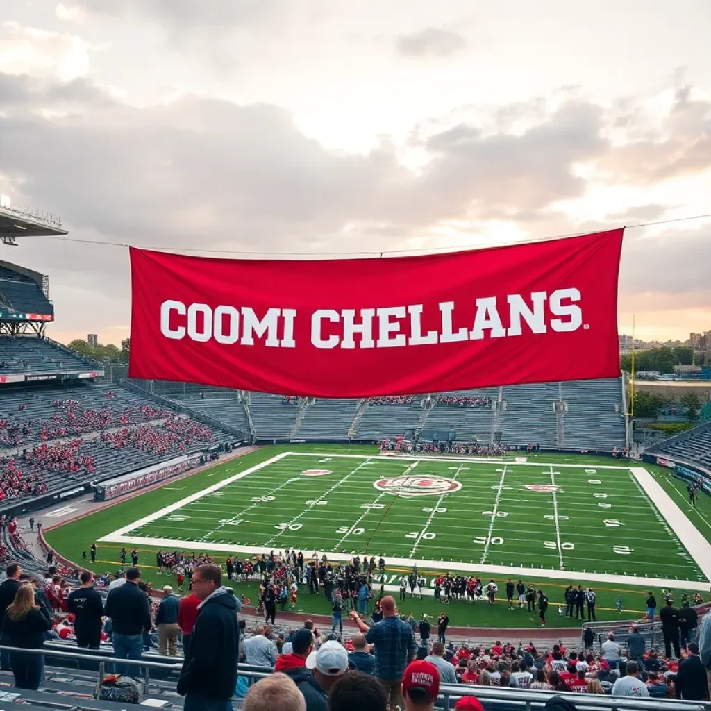 Stadium imagery representing college conference realignment