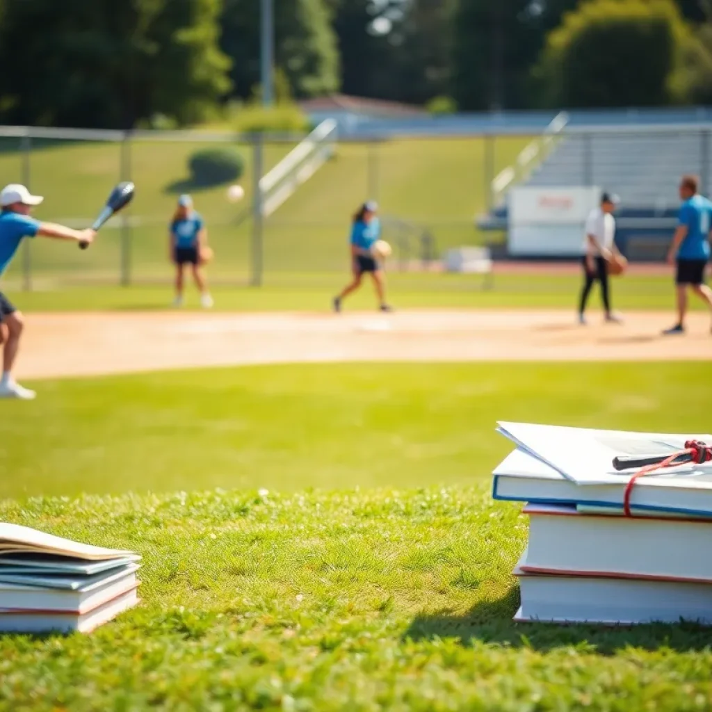 San Diego State softball team practicing with educational elements representing academic success.