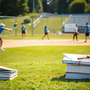 San Diego State softball team practicing with educational elements representing academic success.
