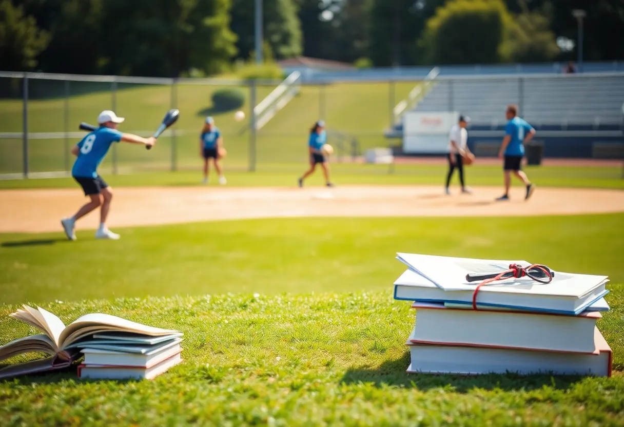 San Diego State softball team practicing with educational elements representing academic success.