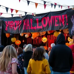 Scene from Shudder's 10th anniversary celebration featuring horror-themed decorations and a lively atmosphere.